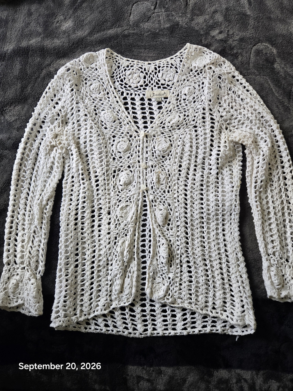 Jessica Cream Crochet Openwork Cardigan with Floral Trim Size M